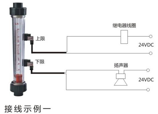 帶報(bào)警開(kāi)關(guān)式塑料管流量計(jì)接線(xiàn)示例一